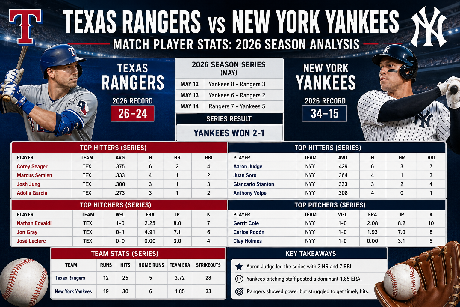 Texas Rangers vs New York Yankees Match Player Stats